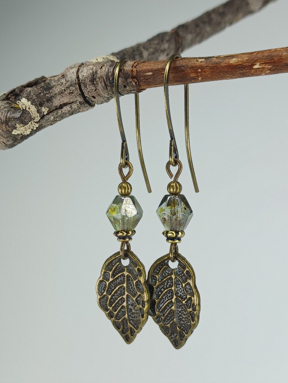 Moss Green Czech Glass Leaf Earrings Antique Brass Botanical Hand Crafted - Picture 3 of 6